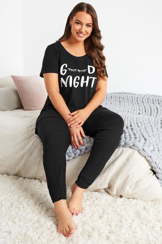 Plus Size Black 'Goodnight' Slogan Pyjama Set | Yours Clothing 1