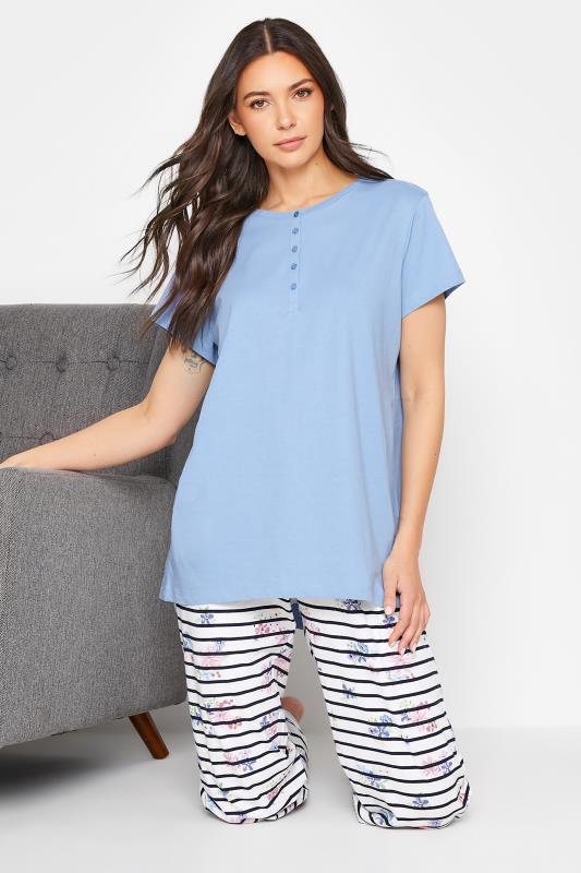 LTS Tall Women's Blue Button Placket Cotton Pyjama Top | Long Tall Sally  2