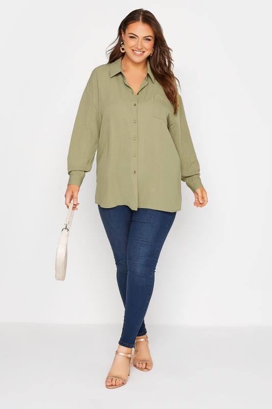 YOURS LONDON Plus Size Khaki Green Oversized Satin Shirt | Yours Clothing 2