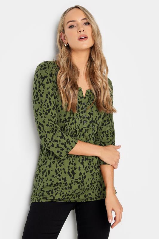 LTS Tall Womens Khaki Green Animal Print Henley Top | Long Tall Sally  1