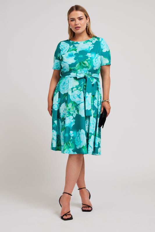 YOURS LONDON Plus Size Blue Floral Print Skater Dress | Yours Clothing 2