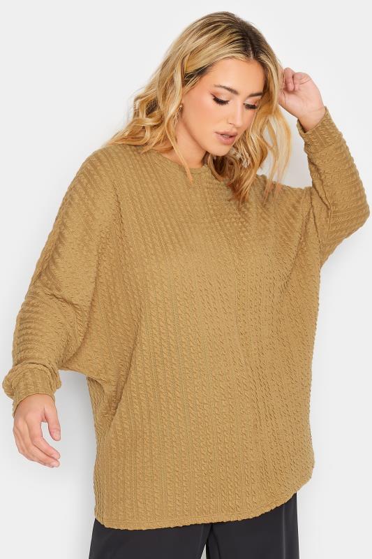 Plus Size  YOURS Curve Brown Jacquard Ribbed Top