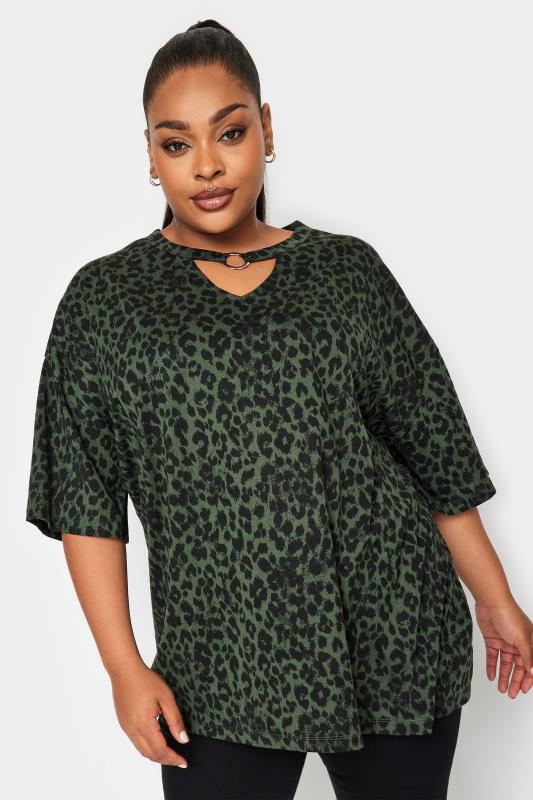 YOURS Plus Size Khaki Green Leopard Print Ring Detail T-Shirt | Yours Clothing 1