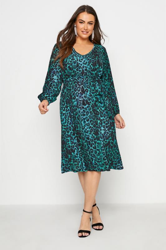 Plus Size  YOURS LONDON Green Leopard Print Midi Dress