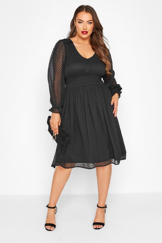 YOURS LONDON Plus Size Black Dobby Ruffle Shoulder Dress | Yours Clothing 1
