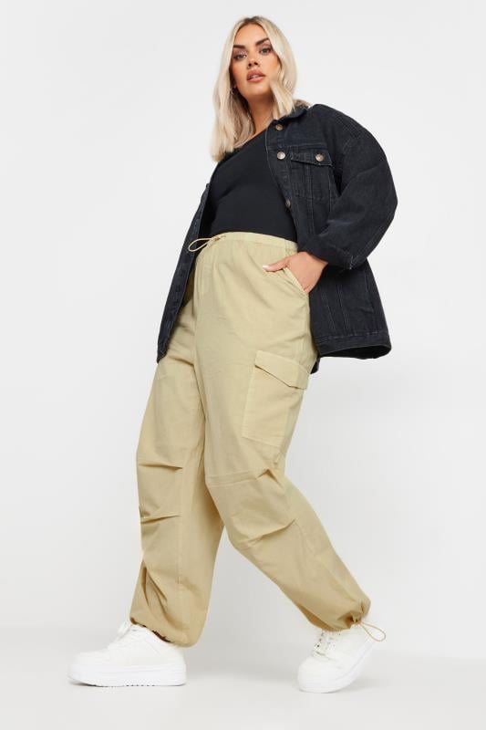 YOURS Curve Plus Size Stone Brown Cargo Parachute Trousers | Yours Clothing  2