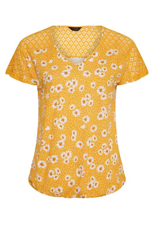 Plus Size Yellow Daisy Floral Print Lace Detail Bubble Hem T-Shirt | Yours Clothing 6