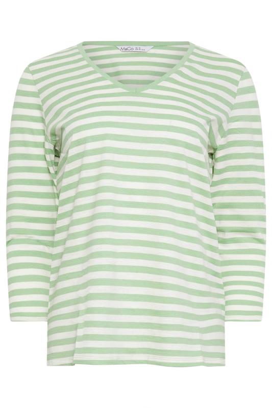 M&Co Green & Ivory Stripe V-Neck Cotton Long Sleeve T-Shirt | M&Co 5