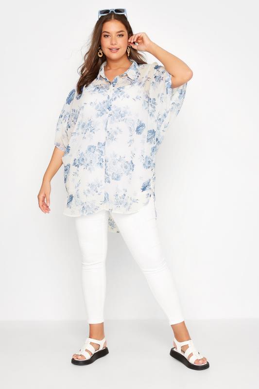 Plus Size White & Blue Floral Print Batwing Blouse | Yours Clothing  2