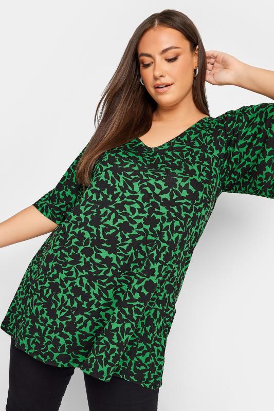 Plus Size  YOURS Curve Green Floral Print V-Neck T-Shirt