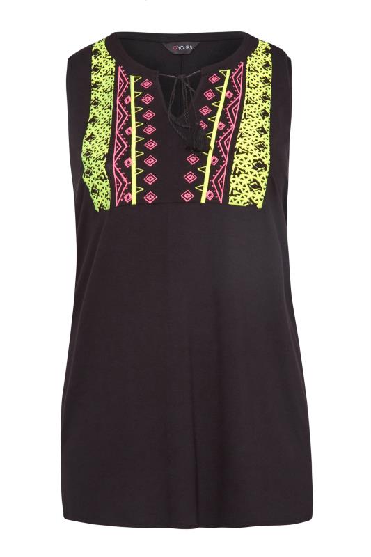 Plus Size Black Aztec Embroidered Tie Neck Top | Yours Clothing  6