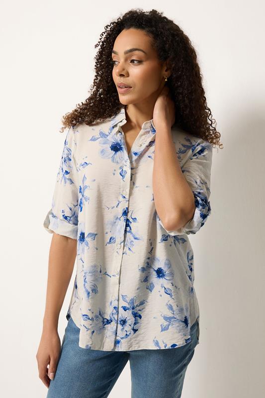 M&Co White & Blue Floral Tab Sleeve Shirt 1