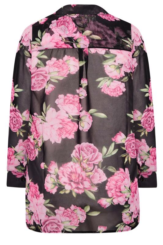 YOURS LONDON Plus Size Curve Black & Pink Floral Print Longline Shirt | Yours Clothing  7
