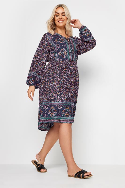 YOURS Plus Size Navy Blue Floral Print Smock Dress | Yours Clothing 1