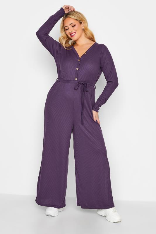  Grande Taille LIMITED COLLECTION Curve Purple Ribbed Wide Leg Jumpsuit