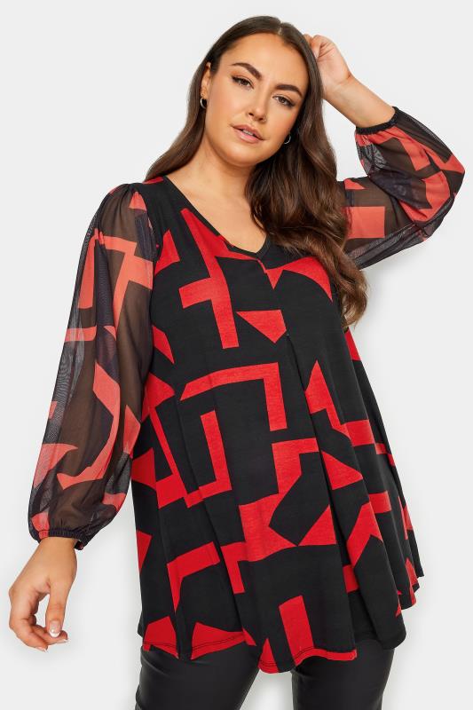  Tallas Grandes YOURS Curve Black Geometric Print Pleated Top