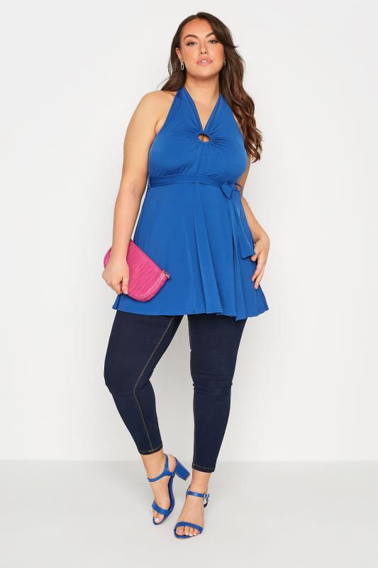 YOURS LONDON Plus Size Blue Ring Detail Halter Neck Top | Yours Clothing 2