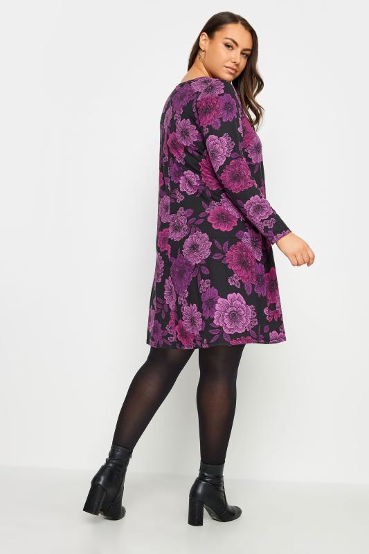 YOURS Plus Size Purple Floral Print Swing Mini Dress | Yours Clothing 3