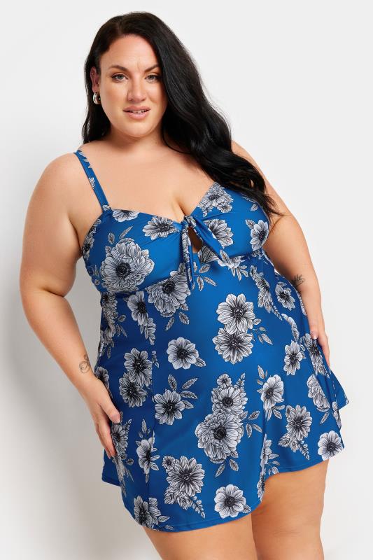 YOURS Plus Size Blue Floral Print Tummy Control Swim Dress | Yours Clothing 1