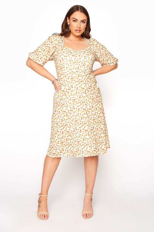 YOURS LONDON Curve Yellow Ditsy Floral Puff Sleeve Dress 1