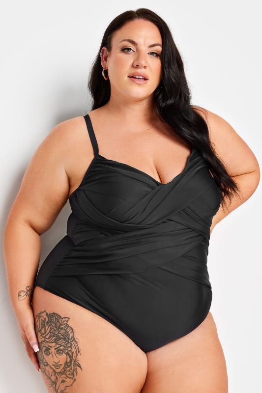 YOURS Plus Size Black Double Crossover Super Sculpt Swimsuit | Yours Clothing 1