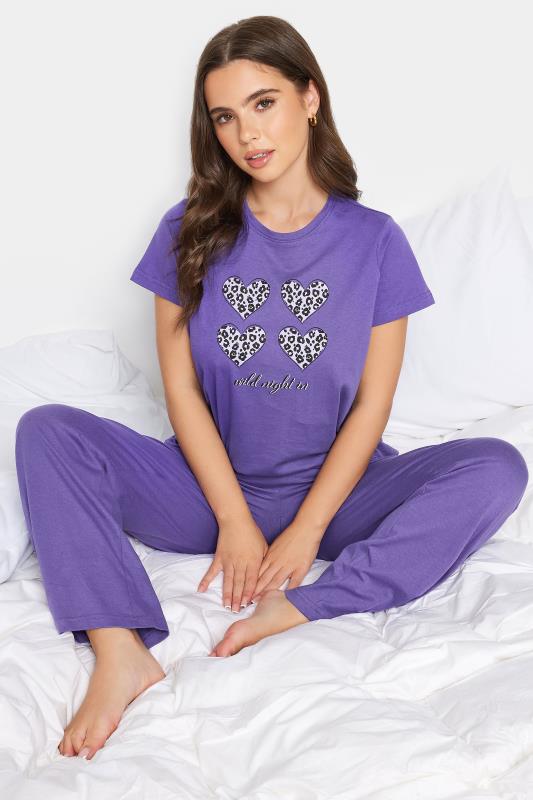 Petite  PixieGirl Purple 'Wild Night In' Slogan Leopard Heart Print Pyjama Set
