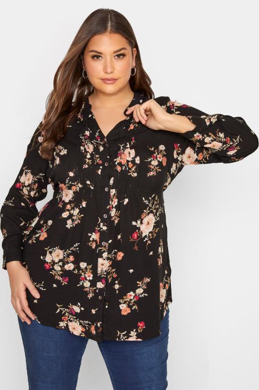 Plus Size  Curve Black Floral Pintuck Shirt