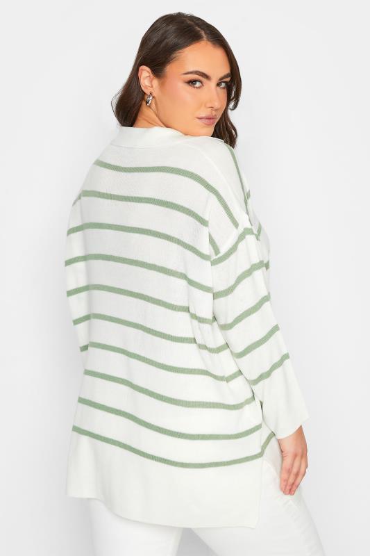 Plus Size Curve White & Green Stripe Collared Jumper | Yours Clothing 3