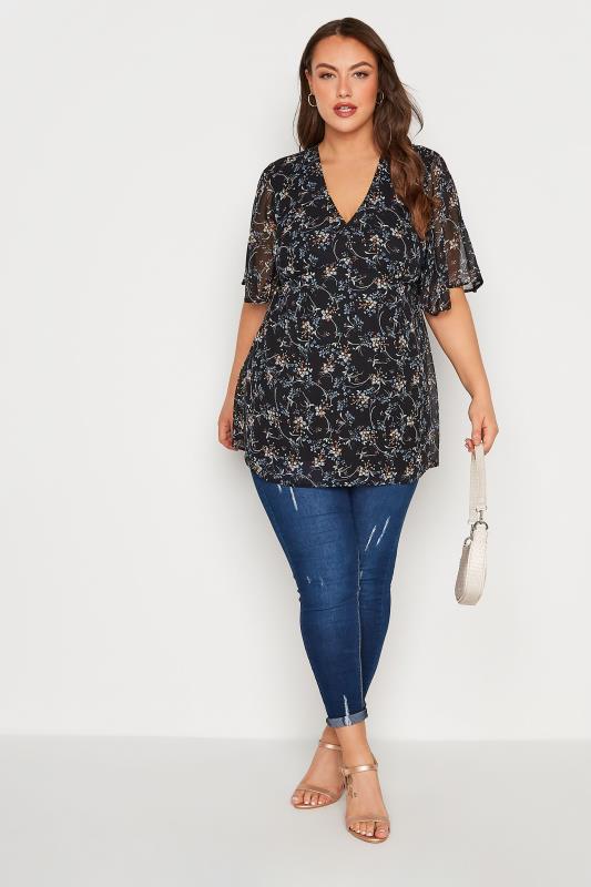 Plus Size Blue Ditsy Print Back Tie V-Neck Top | Yours Clothing 2