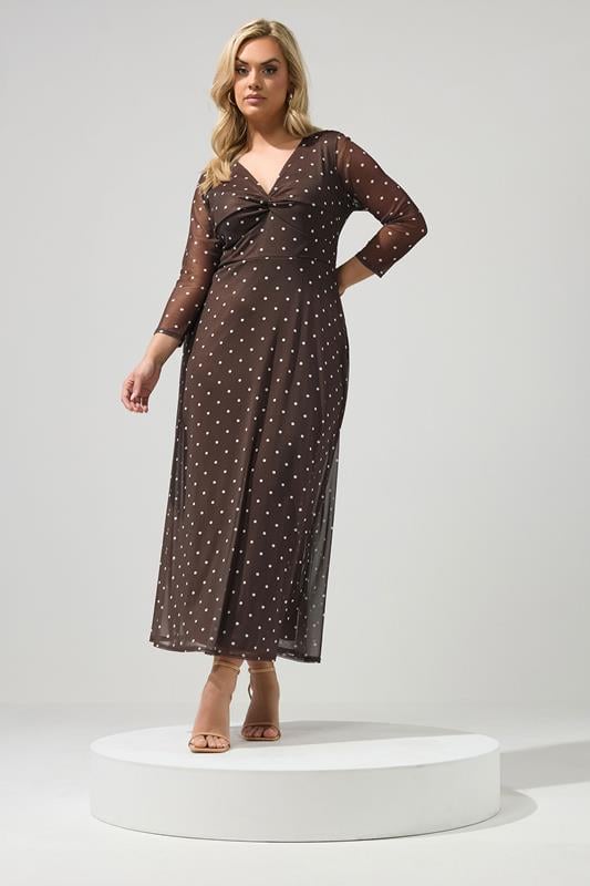 YOURS LONDON Plus Size Chocolate Brown Polka Dot Knot Front Dress | Yours Clothing 1