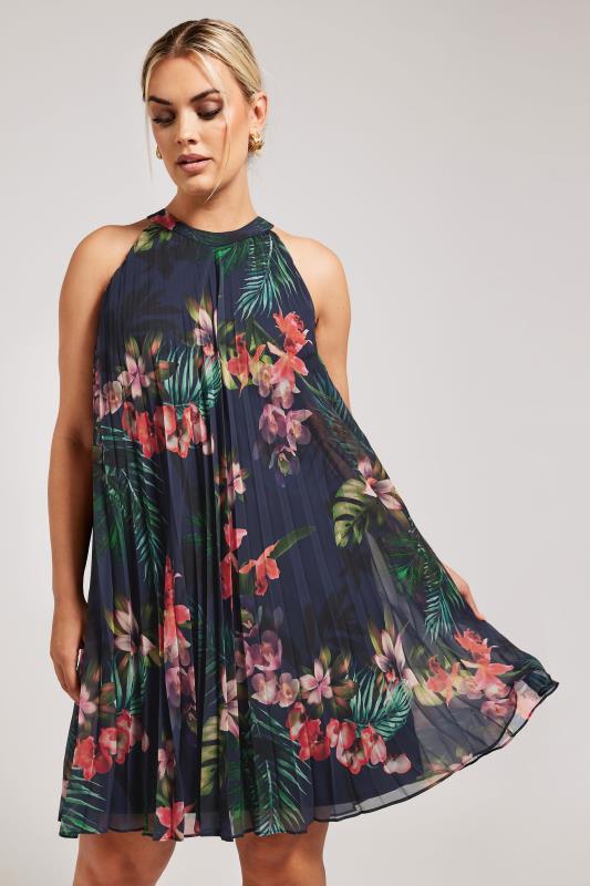 YOURS LONDON Plus Size Navy Blue Tropical Print Halter Neck Dress | Yours Clothing 2