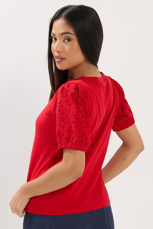 M&Co Petite Red Broderie Cotton Puff Sleeve Top | M&Co 2