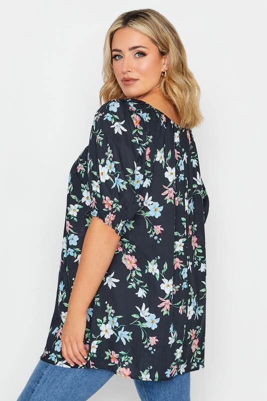 YOURS Plus Size Navy Blue Floral Tie Neck Gypsy Top | Yours Clothing 3