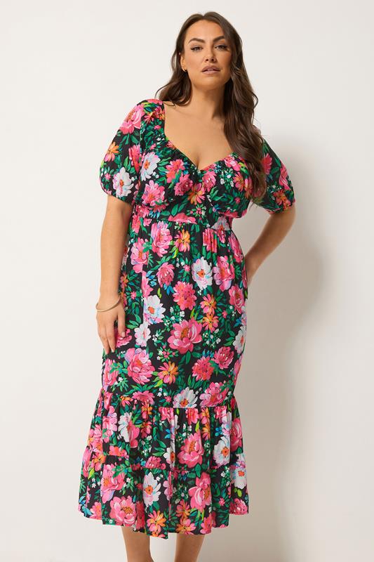 YOURS Plus Size Black Floral Milkmaid Midi Dress | Yours Clothing 1