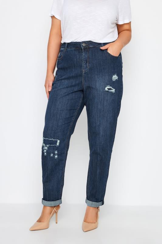 Plus Size  Evans Blue Dark Wash Distressed Girlfriend Tall Jeans