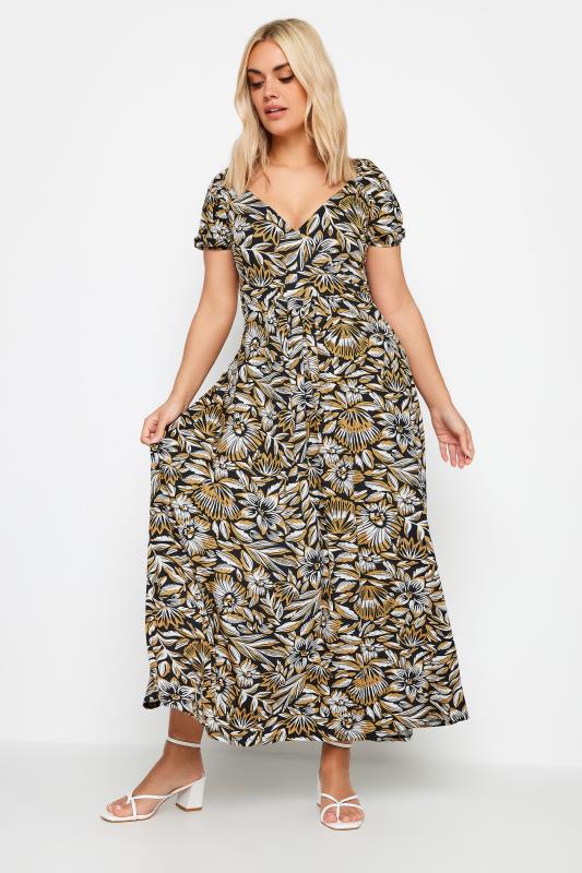 YOURS Plus Size Black Leaf Print Tiered Maxi Dress | Yours Clothing 2