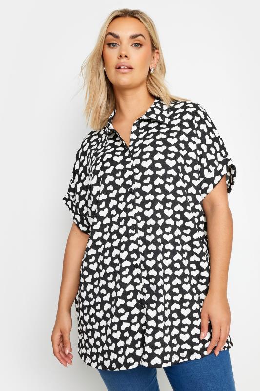 YOURS Plus Size Black Heart Print Button Front Shirt | Yours Clothing 1
