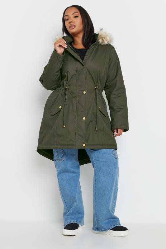 Plus Size  YOURS Curve Khaki Green Faux Fur Trim Parka Coat