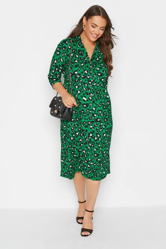 YOURS LONDON Plus Size Green Animal Print Crinkle Shirt Dress | Yours Clothing 1
