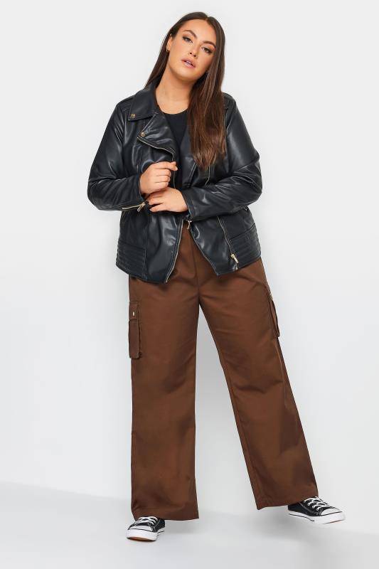 YOURS Curve Brown Wide Leg Woven Cargo Trousers | Yours Clothing