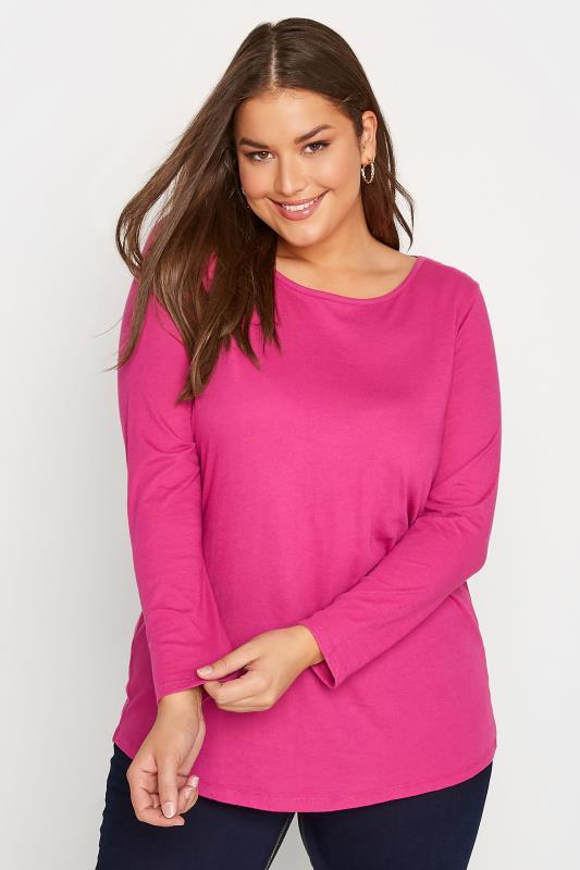 Plus Size Hot Pink Long Sleeve T-Shirt | Yours Clothing 1