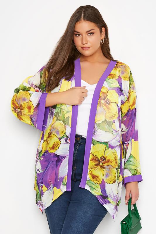 Plus Size  Curve Purple Flower Print Sheer Kimono
