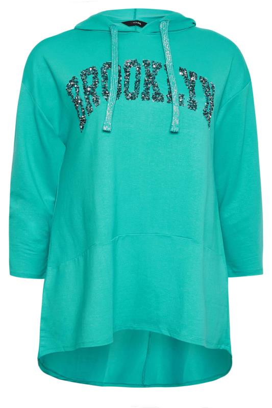 YOURS Plus Size Curve Turquoise Green 'Brooklyn' Slogan Longline Hoodie | Yours Clothing  6