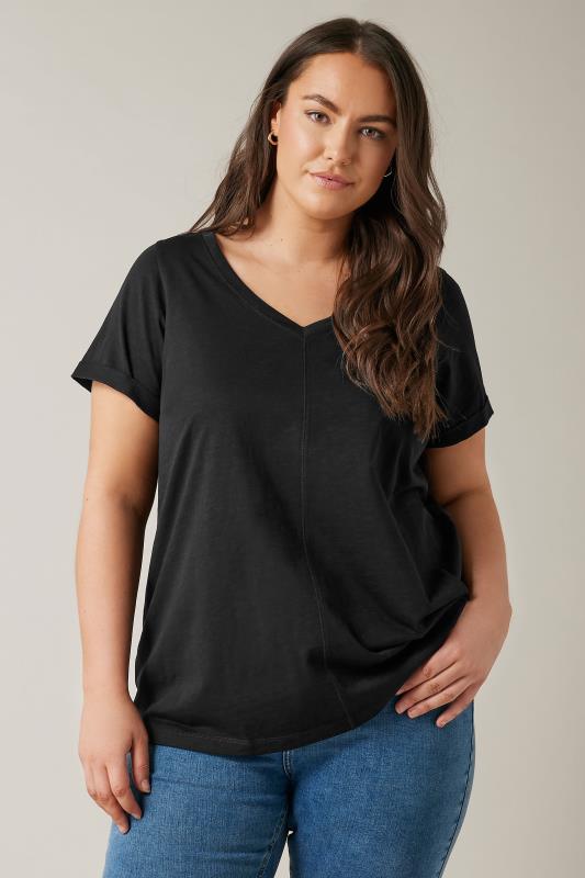 EVANS Plus Size Black Pure Cotton T-Shirt | Yours Curve 1