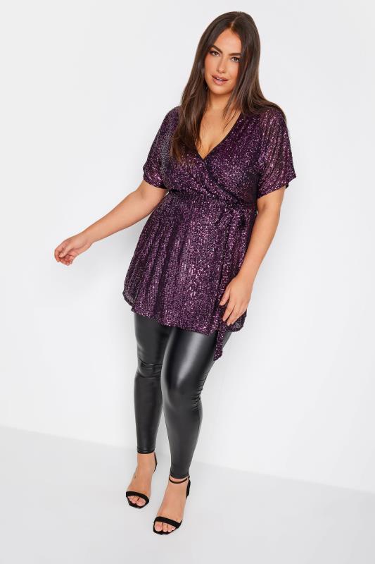 YOURS LONDON Plus Size Purple Sequin Short Sleeve Wrap Top | Yours Clothing 3