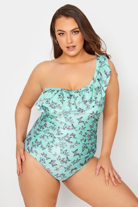 Curve Blue Butterfly Print Frill One Shoulder Swimsuit_A.jpg