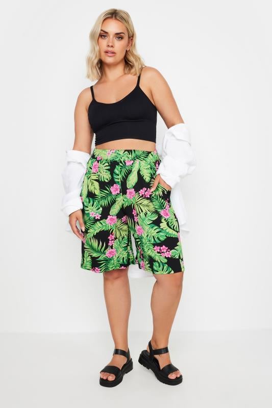 YOURS Plus Size Black Tropical Print Jersey Pull On Shorts | Yours Clothing 2