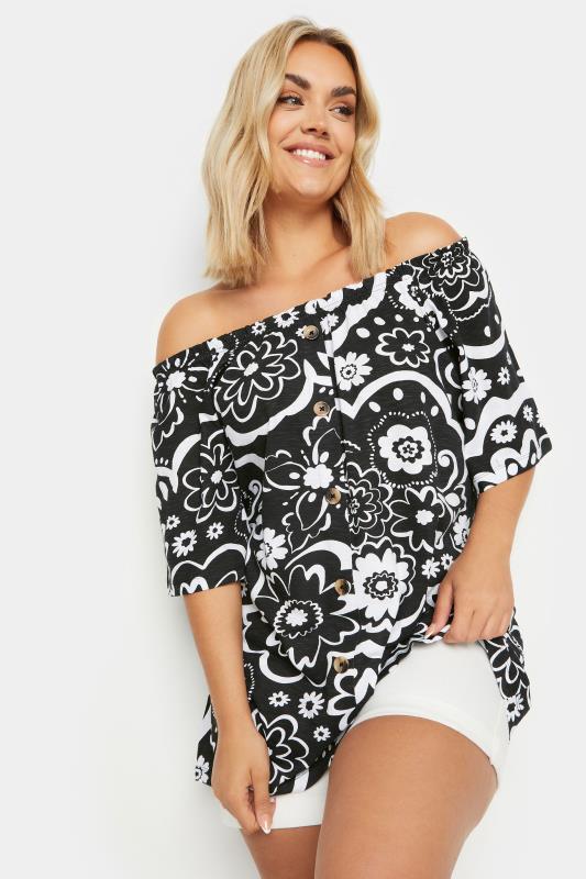 YOURS Plus Size Black Floral Print Bardot Top | Yours Clothing 1
