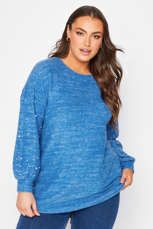 Plus Size Blue Pearl & Diamante Embellished Sleeve Jumper | Yours Clothing  1