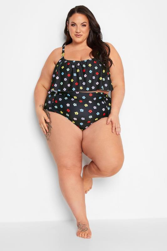 YOURS Plus Size Black Daisy Print Frill Chain Bikini Top | Yours Clothing 2